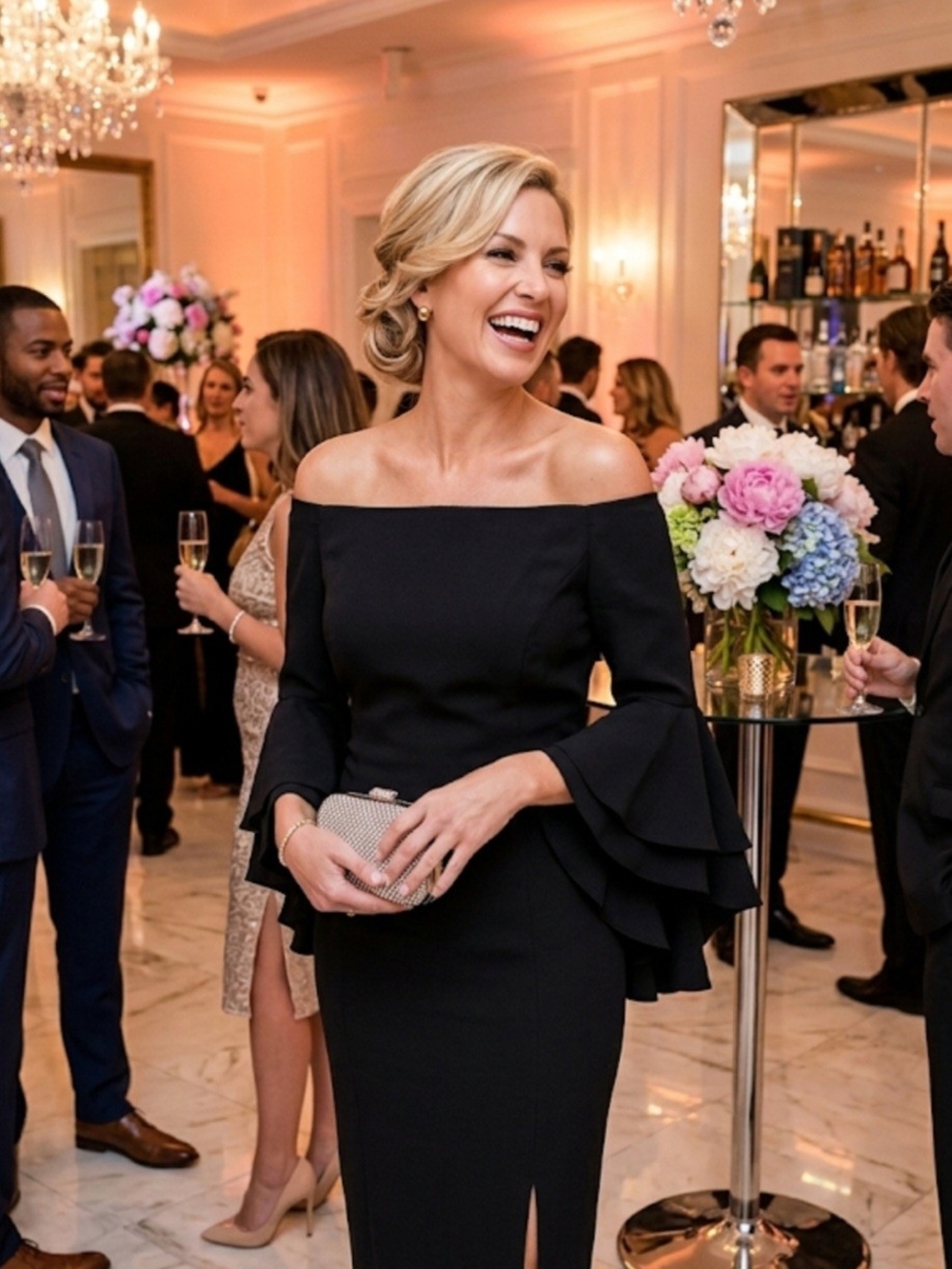 VENUS Black Off-Shoulder One-Shoulder Evening Gown with Layered Bell Sleeves